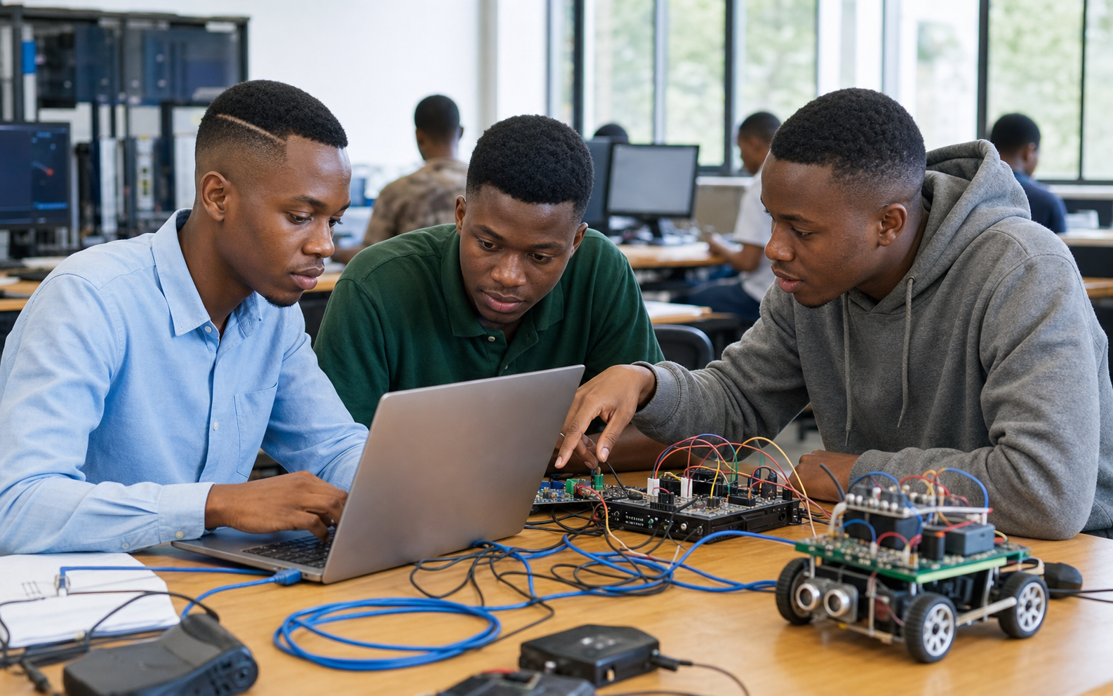 Students collaborating with laptops, robotics equipment, and electronics in the ICT Innovation Lab