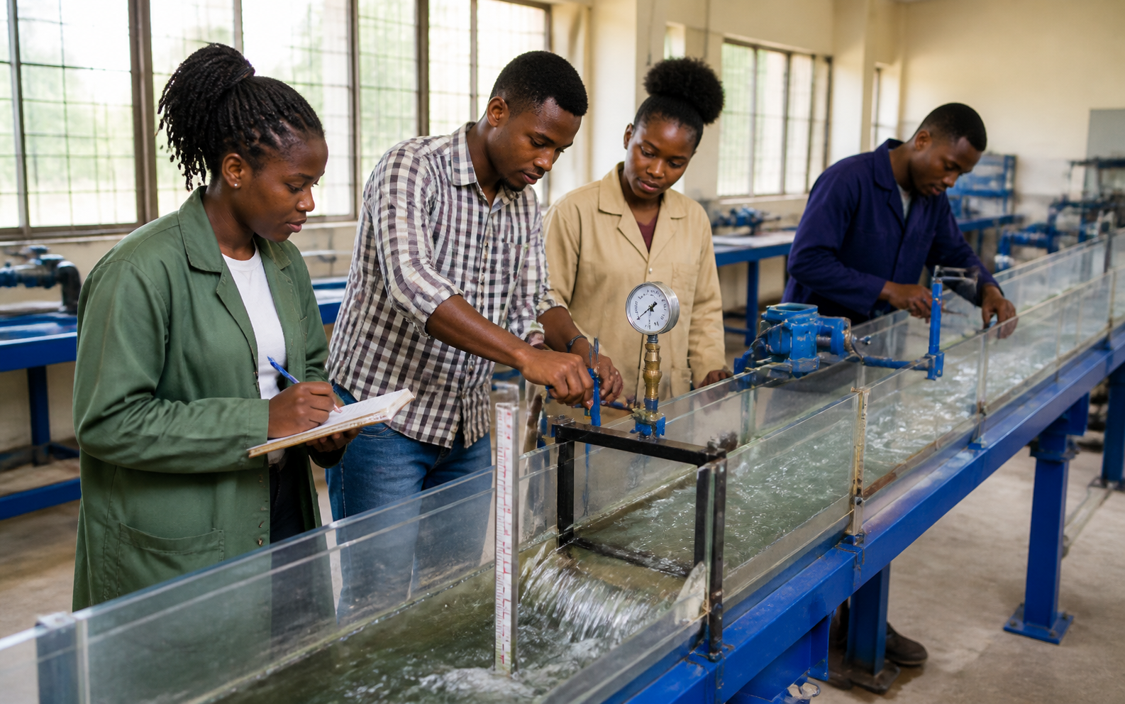 Students and an instructor working in the Water Resources and Hydraulics laboratory with hydraulic testing equipment
